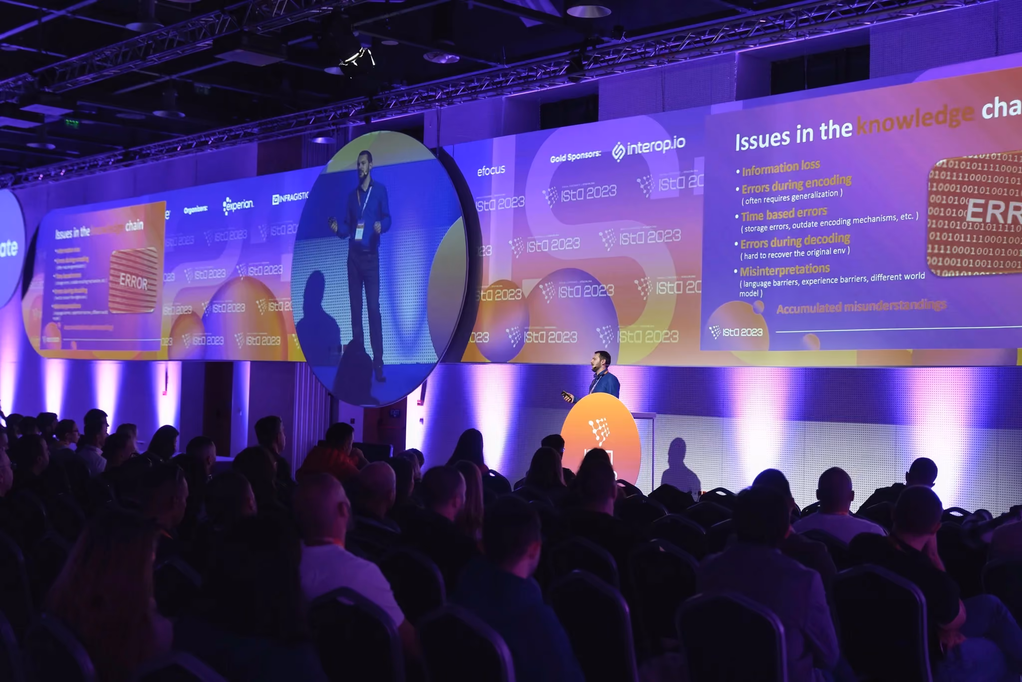 A full ISTA 2023 auditorium watching a speaker present a slide titled "Issues in the knowledge chain", the speaker relayed on a large circular screen above the stage.